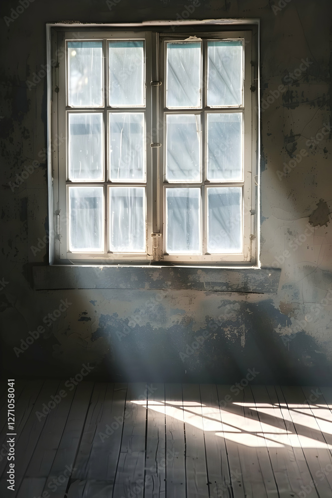 Poster sunlight streaming through an old window in a rustic room, highlighting dust particles and peeling p