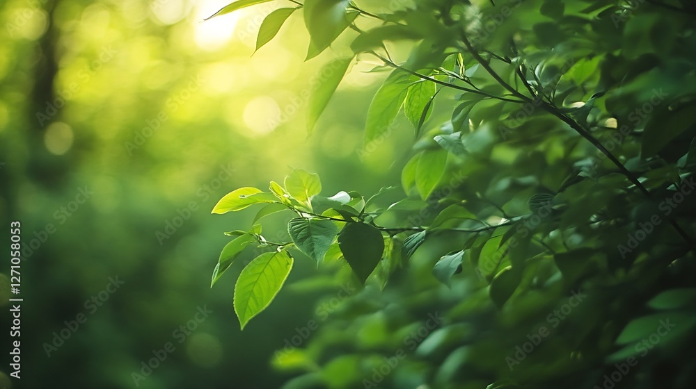 Poster closeup of vibrant green leaves illuminated by soft sunlight in a lush forest setting : generative a
