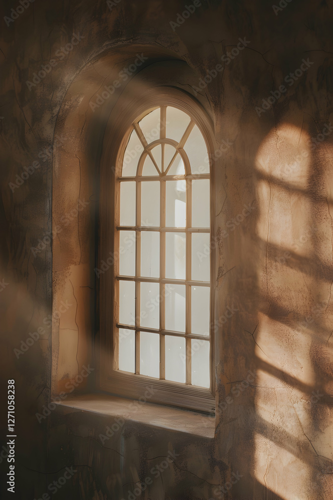 Aufkleber serene sunlight streaming through an arched window in a rustic interior, creating soft shadows