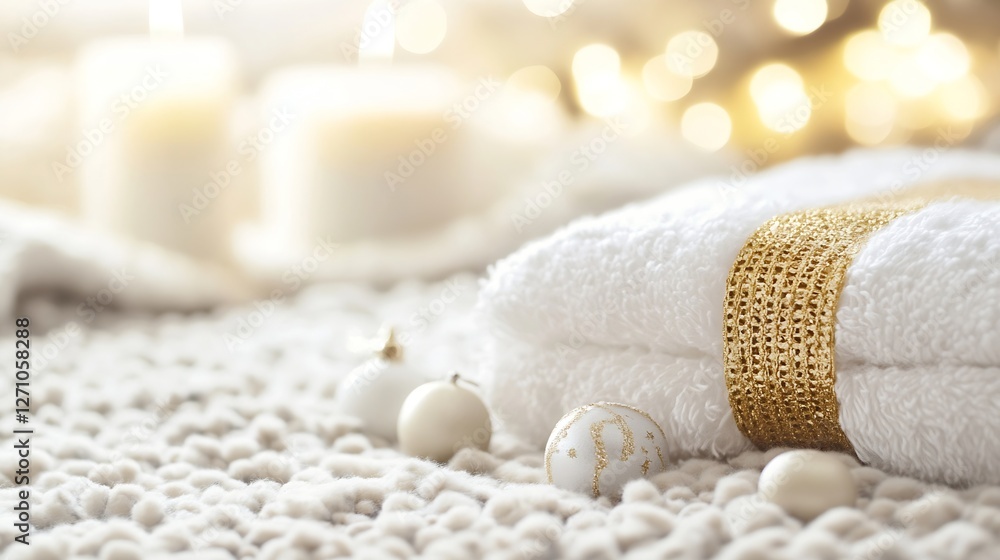 Poster soft white towels placed gracefully among candles and decorative elements for a calming atmosphere :