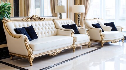 Elegantly designed luxury living room with vintage style cream sofas and plush cushions : Generative AI