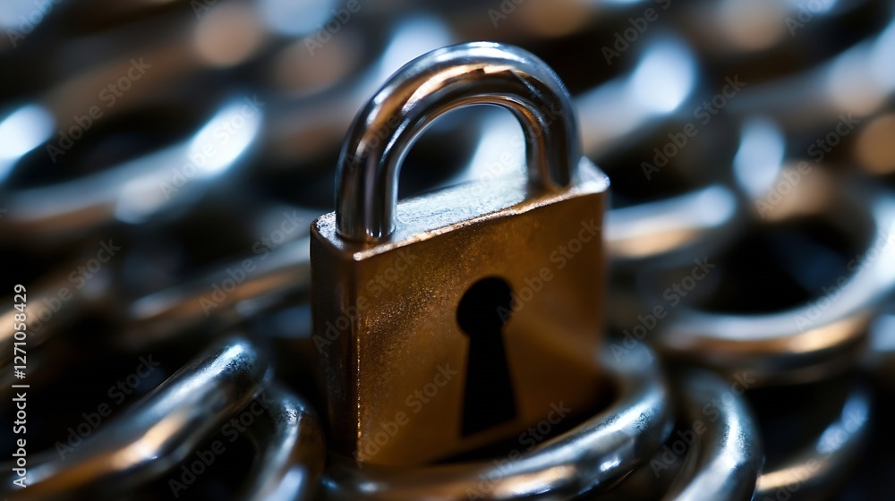 Poster Closeup view of a locked padlock resting among interlinked chains symbolizing security and restriction : Generative AI