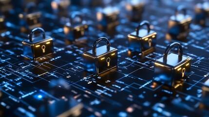 Numerous shiny padlocks displayed over a digital circuit board background representing online data security and protection : Generative AI