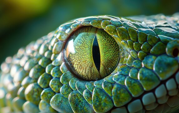 Macro photo of a snakes slitted green eye with shiny scales