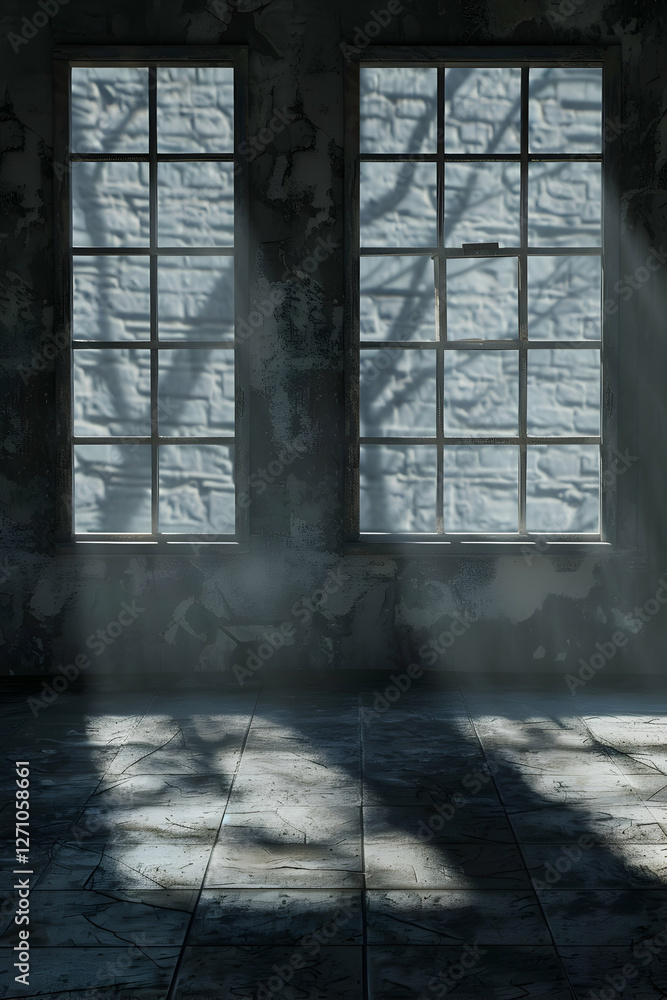 Poster sunlight streams through dusty windows in an abandoned room, casting shadows on the floor