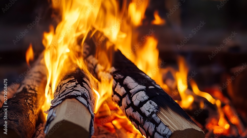 Poster breathtaking closeup of logs burning in a mesmerizing campfire setting : generative ai