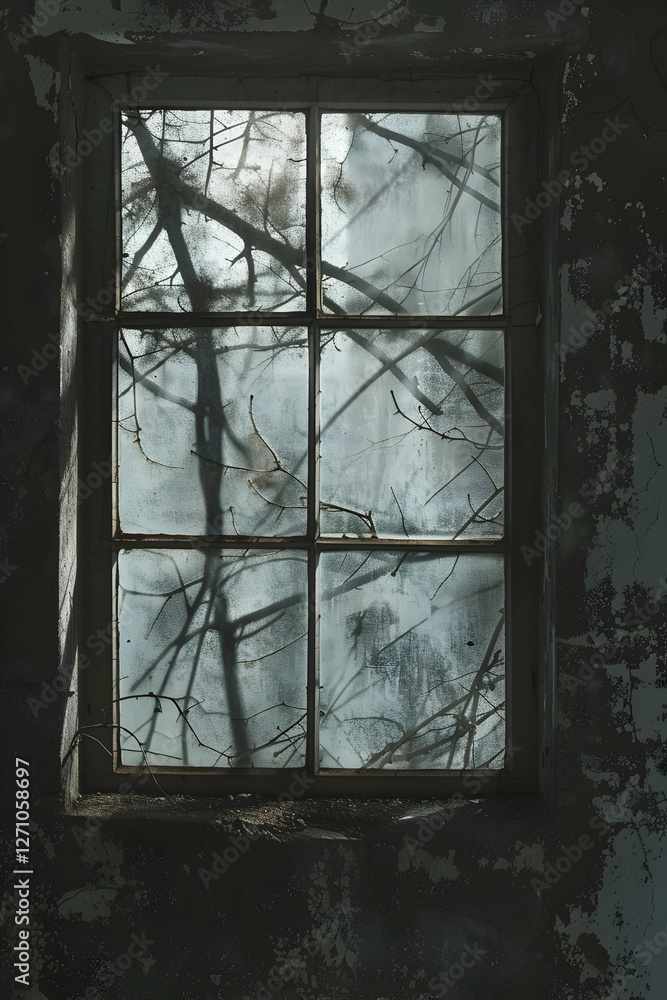 Aufkleber abandoned building window with reflections of bare trees and cloudy sky, evoking a sense of solitude