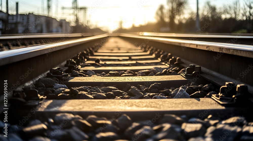 Poster closeup view of train tracks stretching into sunset creating captivating perspective and warmth : ge