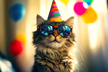 Fototapeta premium Fluffy Party Cat with Sunglasses