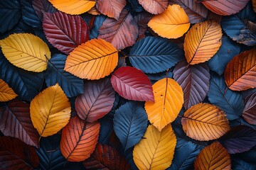 Obraz premium A vibrant array of autumn leaves in various colors scattered on the ground, showcasing nature's beauty