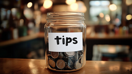 Tip jar filled with coins on a wooden table in a cafe or restaurant