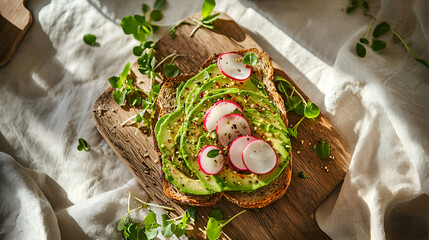 Avocado and radish toast, vibrant and fresh, served on a wooden board with green sprouts garnish.