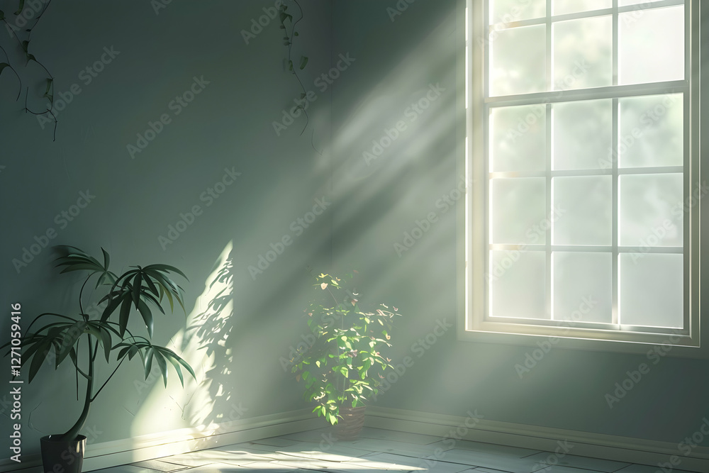 Poster sunlight streaming through a window in a serene room with plants casting shadows on the floor
