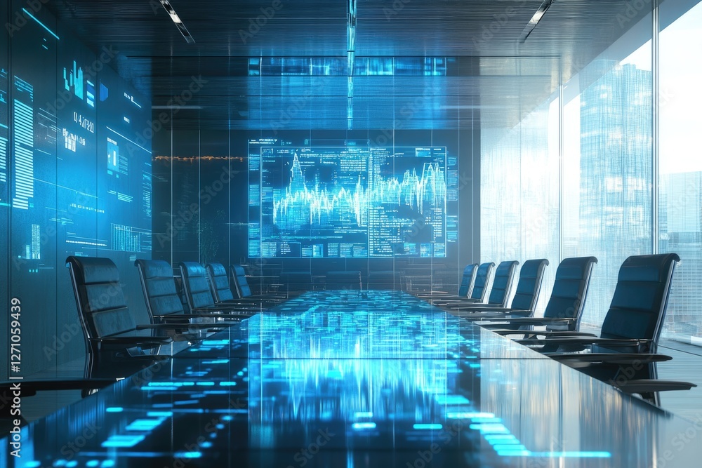 Poster futuristic boardroom with holographic displays showing data visualizations and stock market graphs.