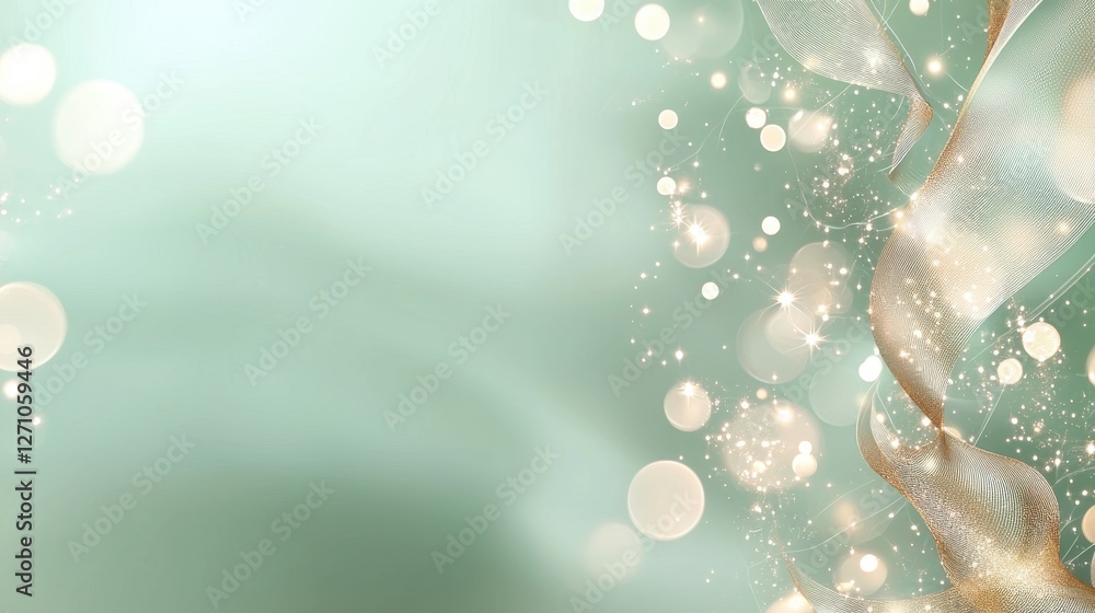 Aufkleber elegant abstract background with shimmering bokeh and swirling ribbons in green tones.