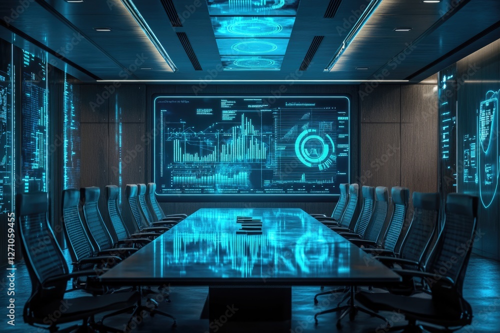 Poster futuristic boardroom with holographic displays showcasing real-time data analytics and visualization