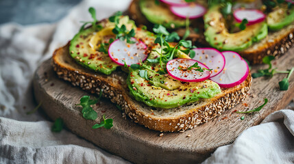 Artisanal avocado toast topped with radish slices and sprouts, sprinkled with spices on a wooden board.