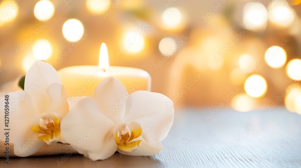 Poster Elegant white orchids with a glowing candle and soft bokeh background creating a tranquil atmosphere : Generative AI
