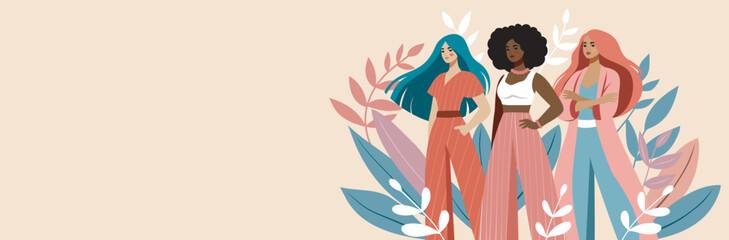 Women's Day. March 8. Beautiful women of different skin colors and cultures stand together against a background of flowers. Vector banner in pink pastel colors. For women's projects 