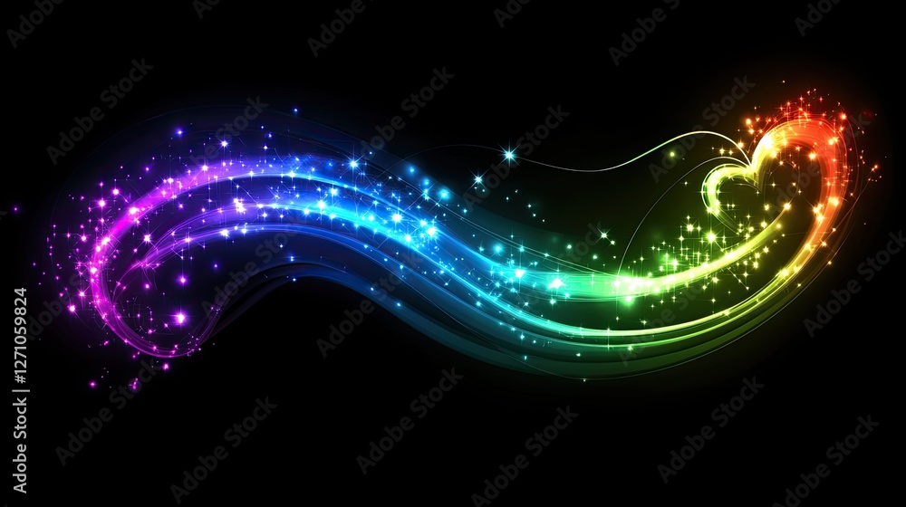 Poster abstract glowing heart waves in a rainbow spectrum softly blending into each other on a dark gradien