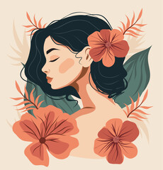 Women's day. March 8. Vector portrait of a beautiful girl woman. Side pose. Background nature, flowers, leaves. Illustration for women's projects and holidays