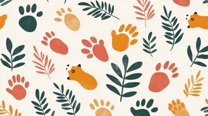 Background pattern cute animal footprints concept. Colorful Animal Paw Prints and Tracks in Lush Woodland Setting