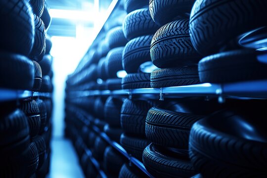 Rows of Stacked Tires in Warehouse,  Industry Inventory Management System Efficiently Stores Vehicle Tires.