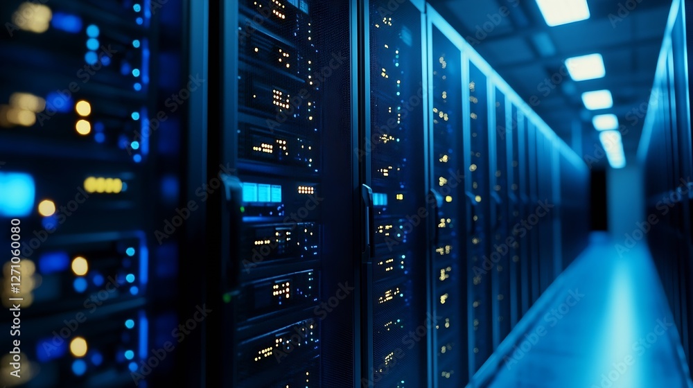 Poster illuminated rows of servers showcasing modern data center technology with blue lighting : generative