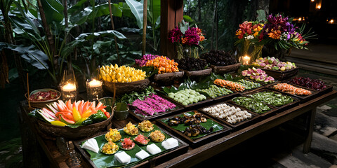 Fototapeta premium A rustic wooden table is set with an array of colorful fruits, vegetables, and other traditional food items. The setting is outdoors at night, under the glow of candles, creating a warm ambiance 