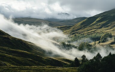 Stunning highland scenery with fog rolling over the hills