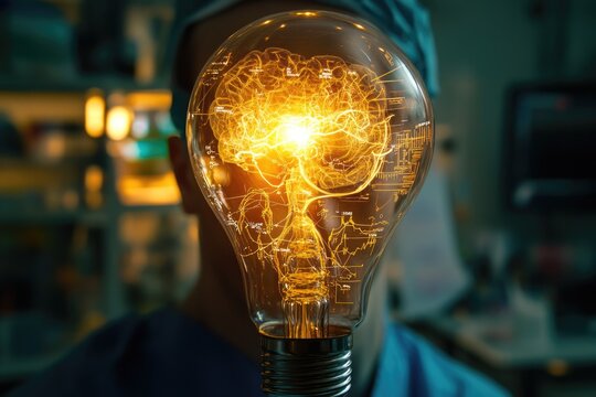 A glowing lightbulb reveals a brain's intricate network, symbolizing ideas and innovation in the medical field.
