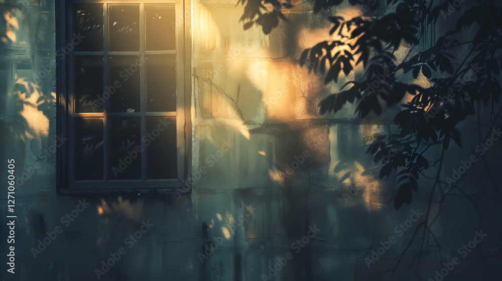 Poster soft sunlight filters through leaves, casting shadows on an old wall by a window in a serene setting