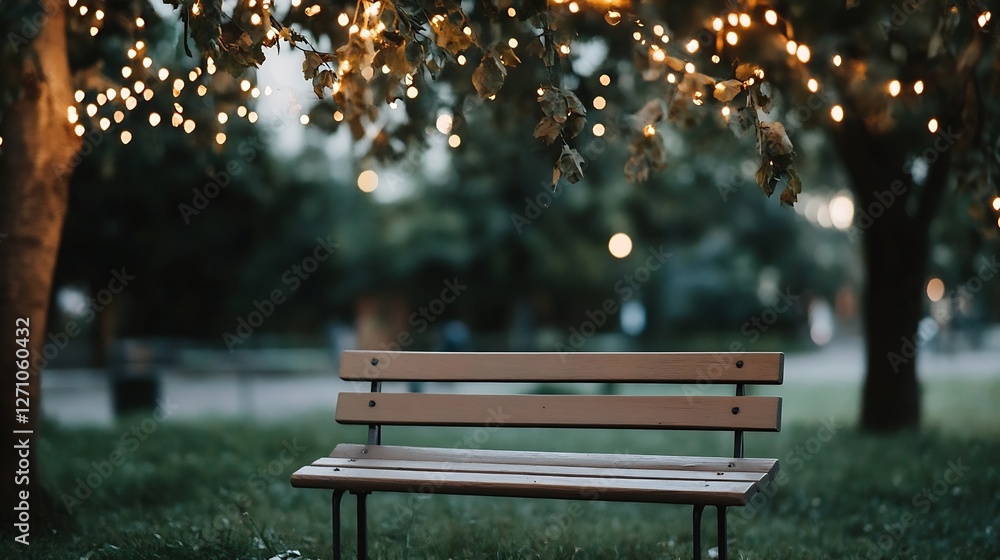 Poster Serene park bench surrounded by greenery and warm decorative lights creating a cozy atmosphere : Generative AI