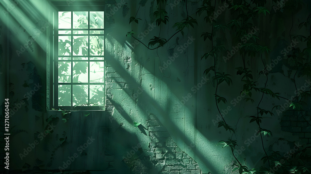 Poster sunlight streaming through a dusty window illuminating overgrown vines in an abandoned room