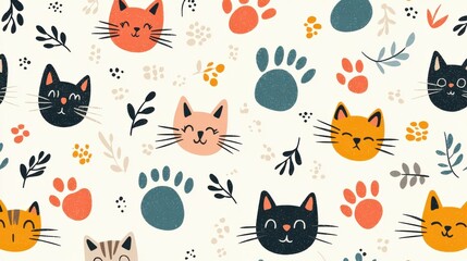 Background pattern cute animal footprints concept. Minimalist Colorful Cat Paw Prints Repeating Seamless Pattern