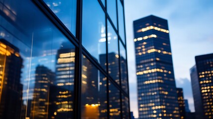 Urban skyline reflections in modern glass buildings during twilight with vibrant city lights : Generative AI