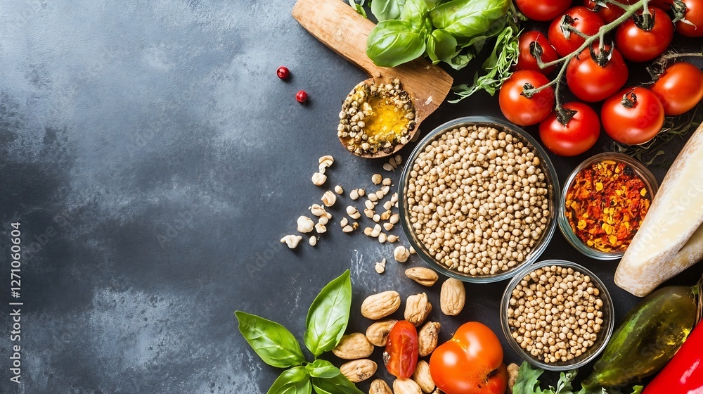 Poster fresh ingredients including spices vegetables and herbs arranged artfully on a dark textured backgro