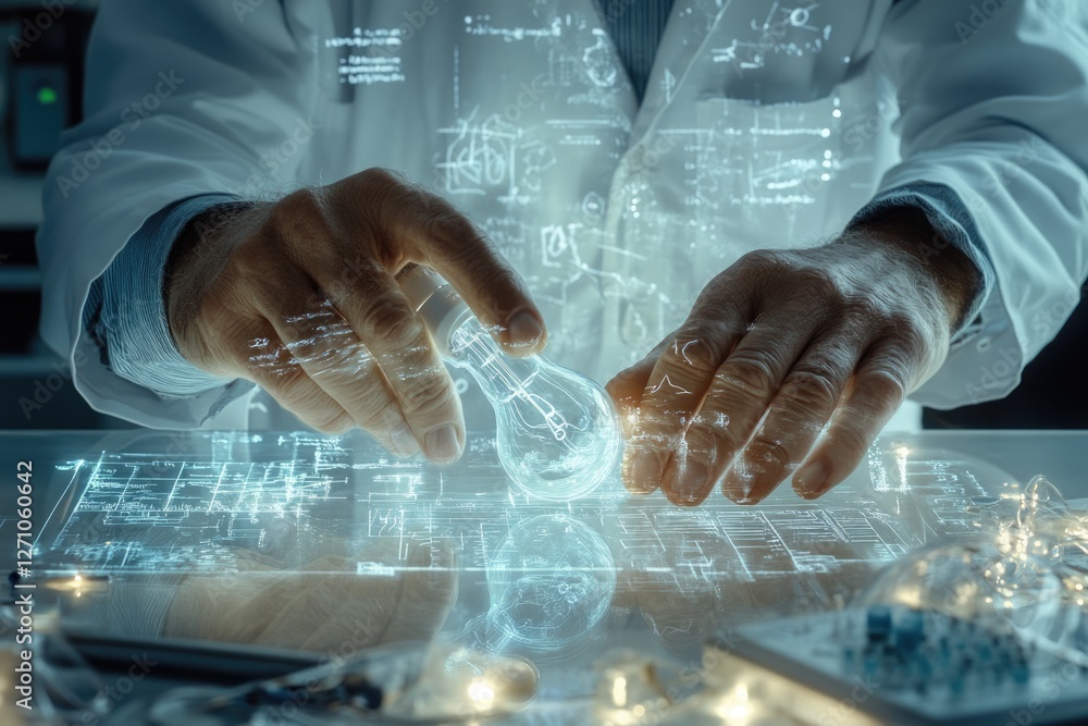 Poster scientist interacts with a holographic interface, manipulating a lightbulb design.