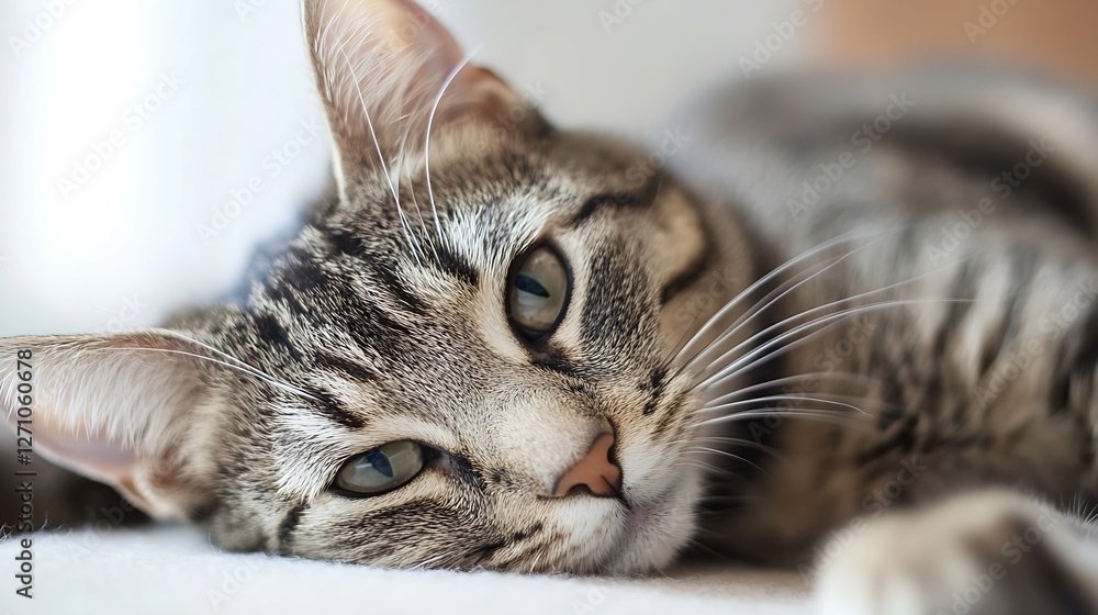 Poster close up of a relaxed tabby cat lounging comfortably in soft sunlight at home : generative ai
