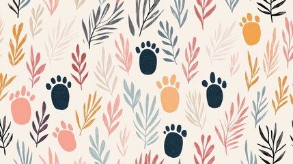 Background pattern cute animal footprints concept. Playful Footprints and Whimsical Nature Patterns with Leaves and Animals
