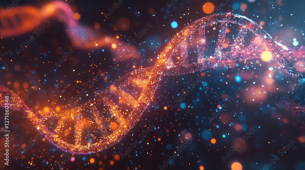 Poster a d-rendered conceptual dna strand dissolving into digital particles.