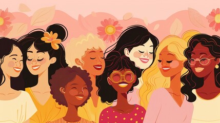 Colorful flat vector illustration of diverse women with soft edges and subtle gradients, representing various ethnicities, skin tones, and hair textures. 