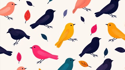 Background pattern cute animal footprints concept. Vibrant Avian Flock Perching on Whimsical Foliage Backdrop