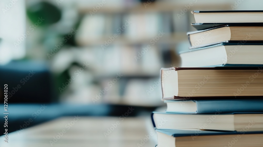 Poster closeup of stacked books in a cozy modern reading space : generative ai