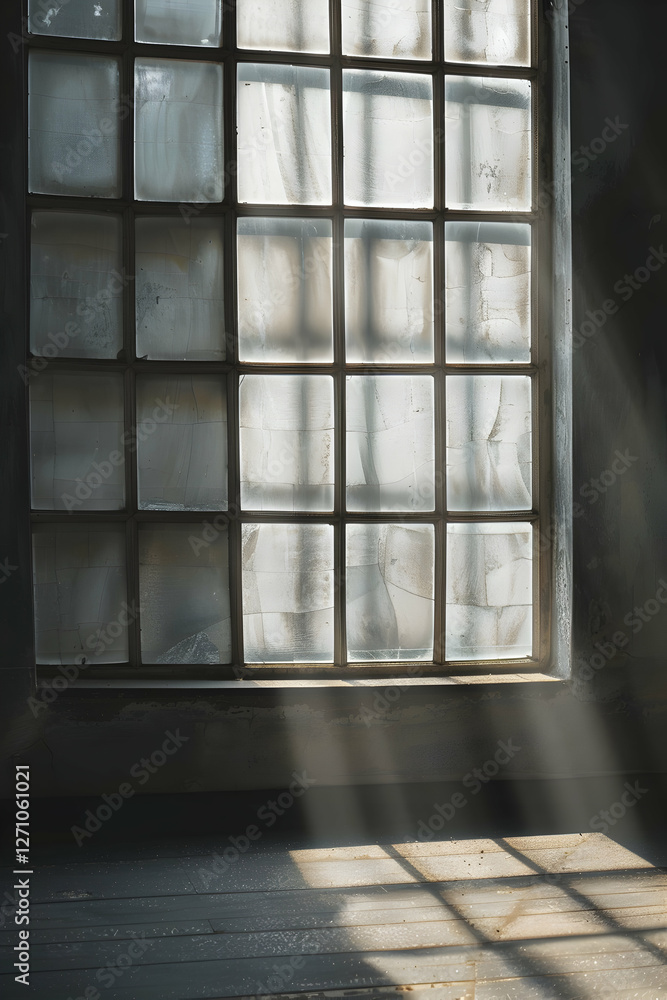 Poster sunlight streaming through a dusty window in an abandoned room, creating a serene atmosphere (2)