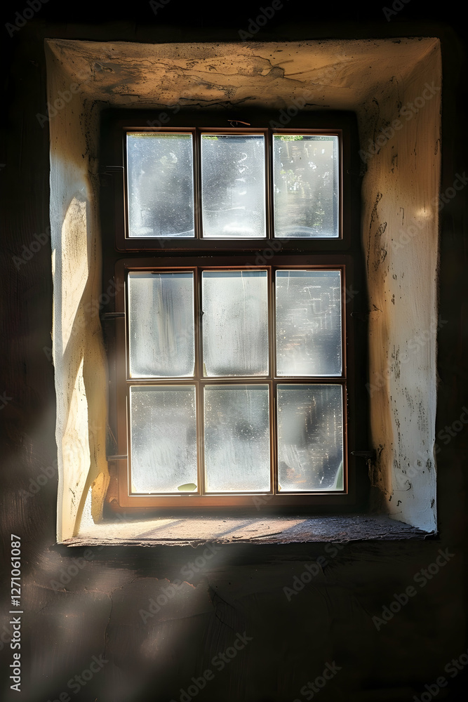 Aufkleber sunlight streaming through a foggy window in an old building, creating a serene atmosphere