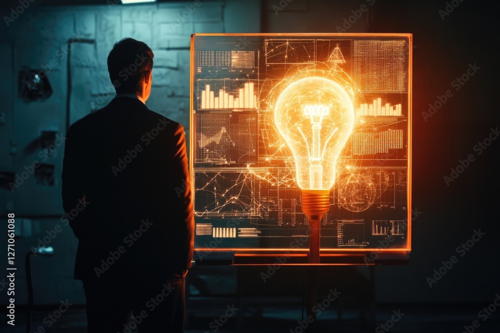 Poster a businessman contemplates a glowing lightbulb on a digital display, symbolizing innovation and data