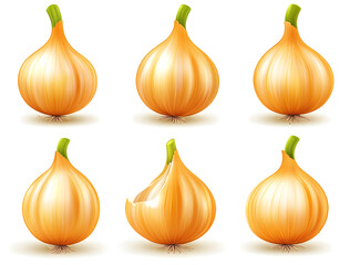 Obraz premium A set of six realistic, photo-style golden onions isolated on a white background, with different angles and perspectives, studio lighting, soft shadows, low contrast, clean, sharp focus, and 