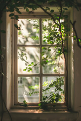 Sunlight streaming through a vintage window adorned with lush green vines in a serene environment