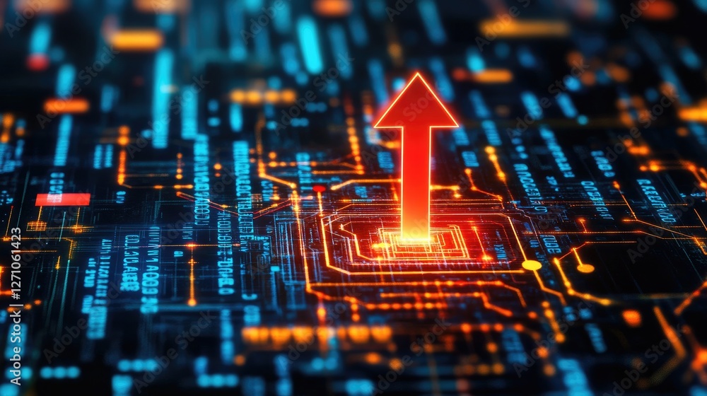Poster a concept of increasing investment value with a red arrow pointing upward through digital data.